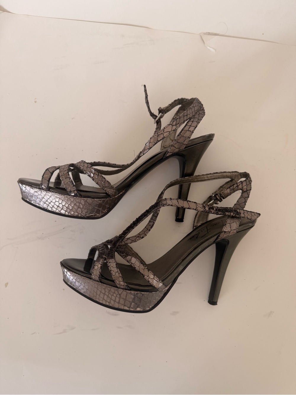 Marc Fisher Metallic Gray Snake-Effect Strappy High Heels